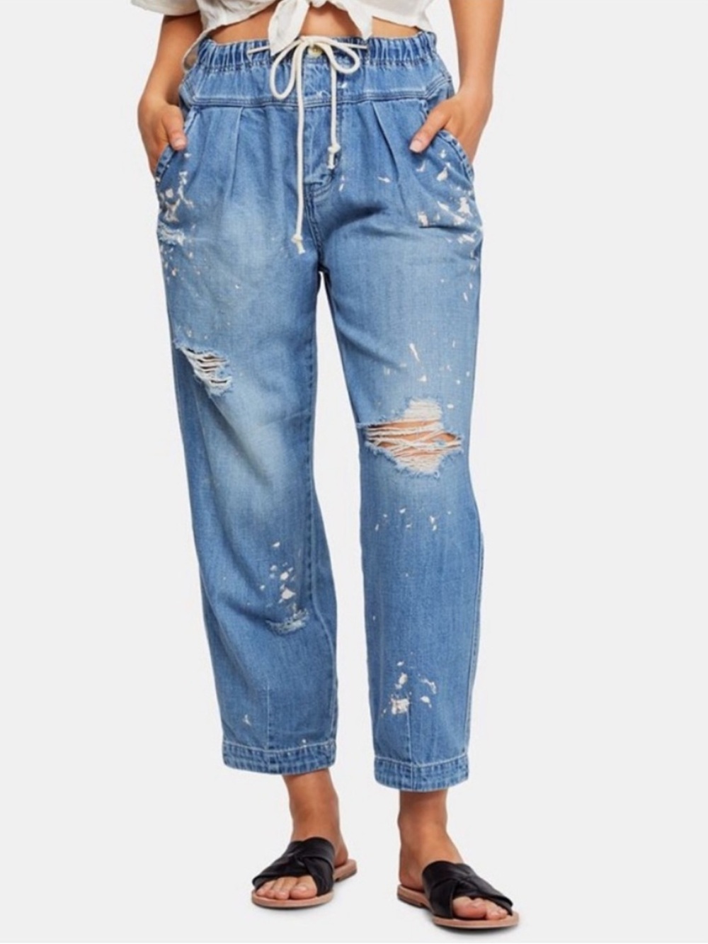 Free People Mixed Up Distressed Utility Jeans Size Small